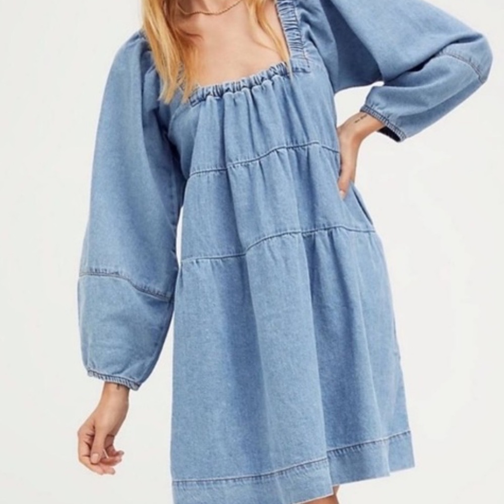 Free People Tiered Blue Denim Dress with Square Neckline